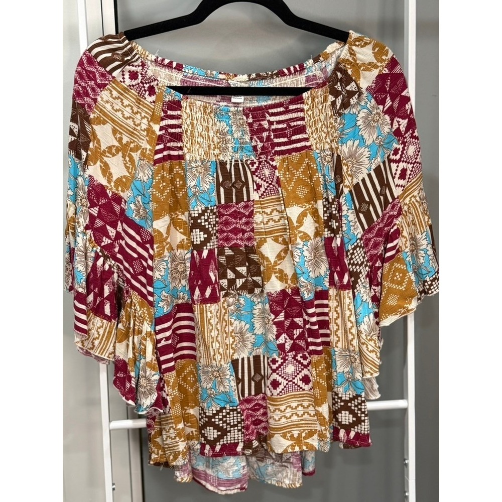 Cato Womens Patchwork Floral Smocked Bell Sleeve Boho Top Multicolor S Festival